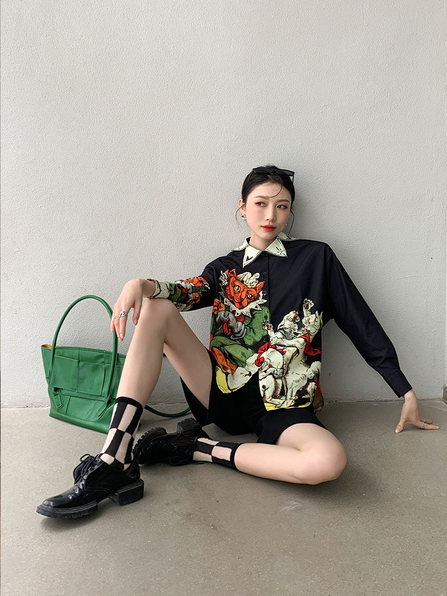 CHEERART Designer Black Long Sleeve Button Up Shirt Women Print High Fashion 2021 Collared Summer Top And Blouse Aesthetic Shirt