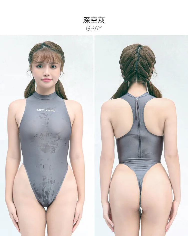 Bitysie T-Shaped No Sleeve One Piece Swimsuit Transparent In Water High Leg Cut Leotard Sexual Women Spa Suit Skin Fabric
