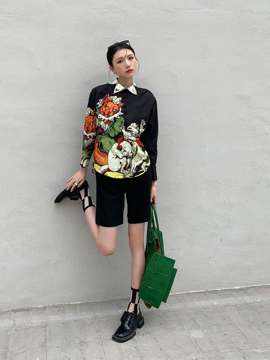 CHEERART Designer Black Long Sleeve Button Up Shirt Women Print High Fashion 2021 Collared Summer Top And Blouse Aesthetic Shirt