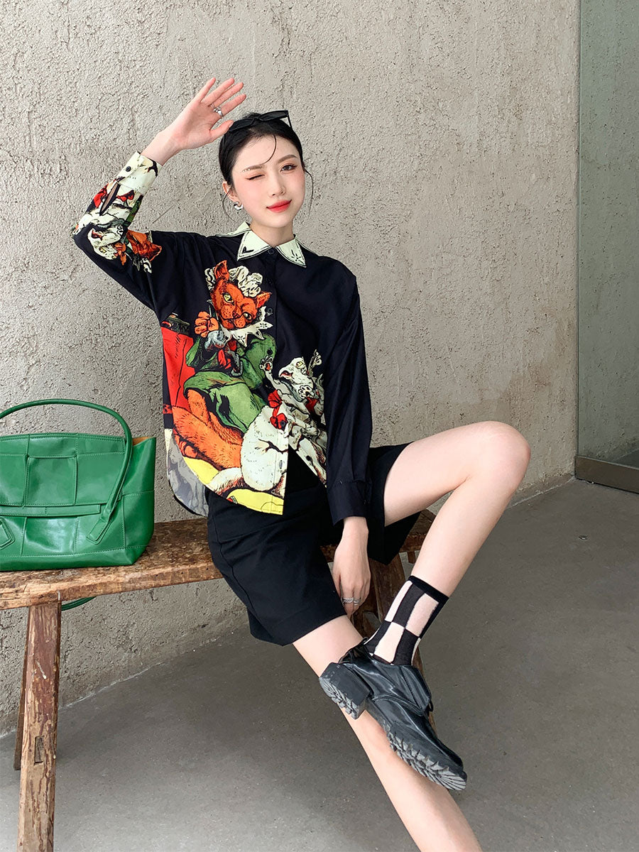 CHEERART Designer Black Long Sleeve Button Up Shirt Women Print High Fashion 2021 Collared Summer Top And Blouse Aesthetic Shirt