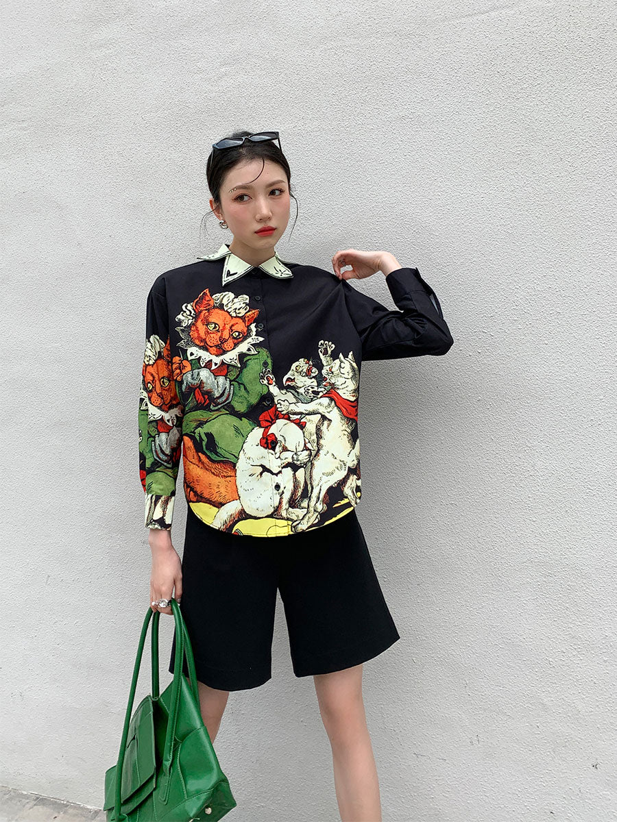 CHEERART Designer Black Long Sleeve Button Up Shirt Women Print High Fashion 2021 Collared Summer Top And Blouse Aesthetic Shirt