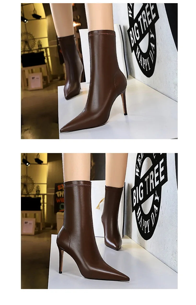 BIGTREE Shoes Leather Boots Women Ankle Boots Autumn Winter Boots Women High Heels Short Boots Ladies Booties Chaussures Femme