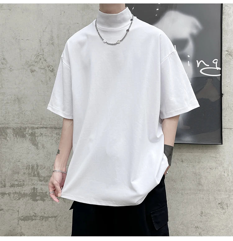 Streetwear Turtleneck Men Tshirt Solid Hip Hop Male Oversized T shirts Man Casual Short Sleeve Top Tees Black/White/Purple