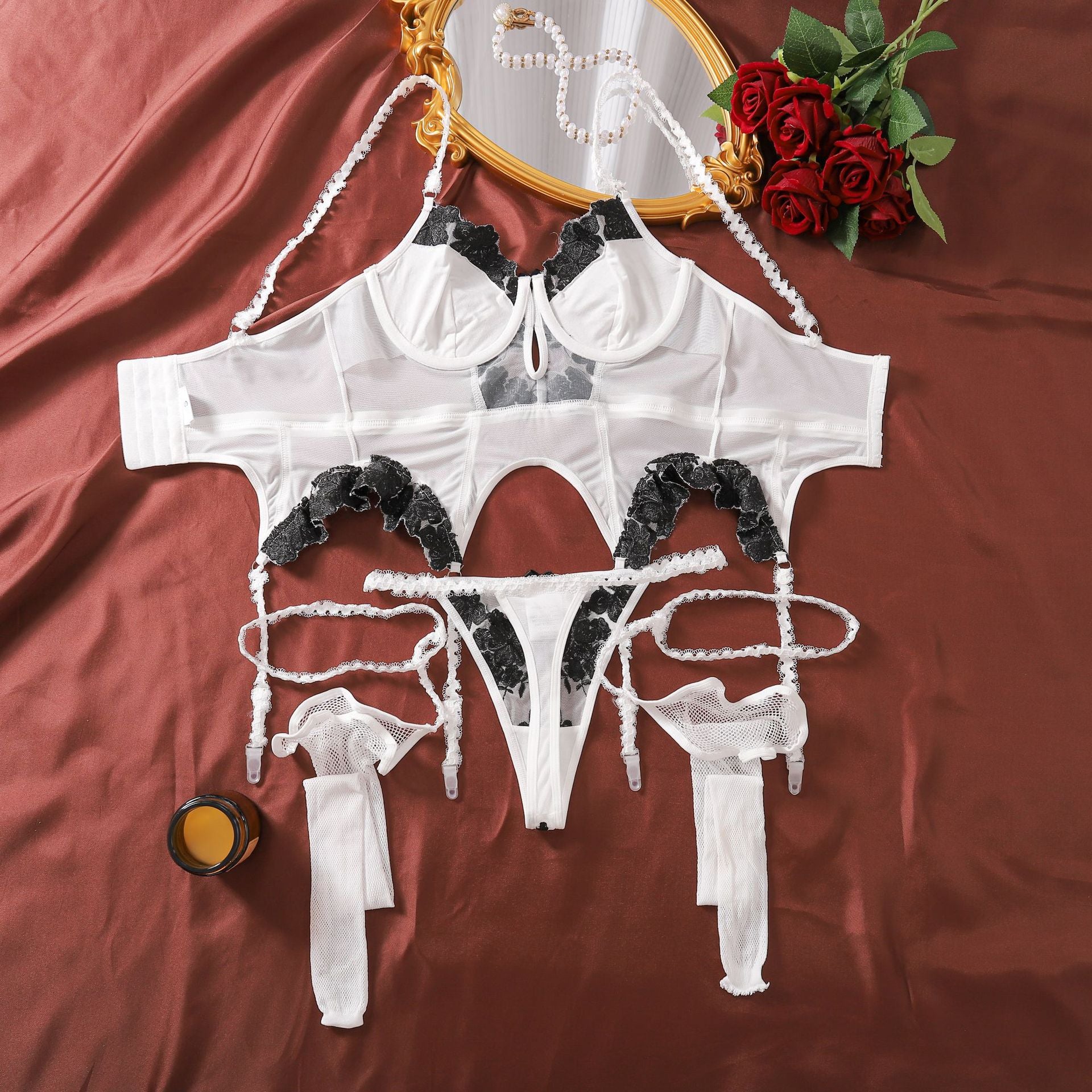 CHILLGIO Women Bodysuit Tops Embroidery Flowers Sexy Set Lingerie Sexy Thong Stockings Porn Fancy Sweet Underwear Bra Brief Suit