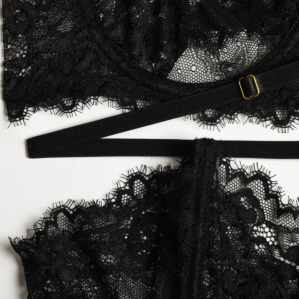 Diccvicc Beautiful Lingerie Eyelash Elegant Transparent Lace Bra Panty Set Floral Embroidery Women Sexy Underwear Exotic Outfit