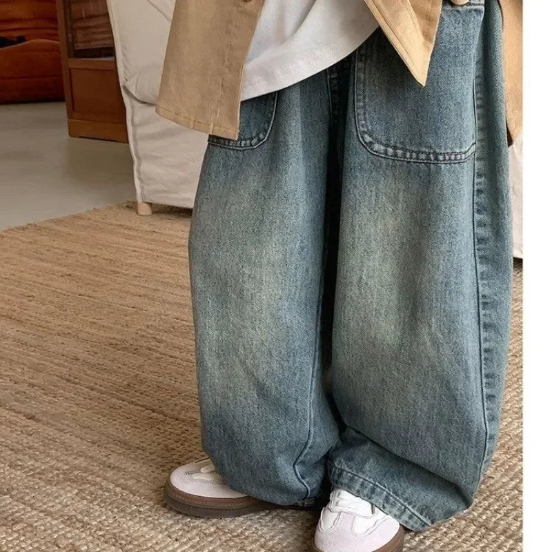Children's Retro Jeans Loose Straight Pants Wide Leg Pants for Boys and Girls 2025 New Spring Autumn Kid's Denim Pocket Trousers