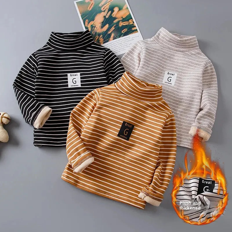 Children's Autumn Winter Fleece-Lined Sweatshirt Casual Style Middle Neck Base Layer Top Outer Wear Boys Girls Home Clothes