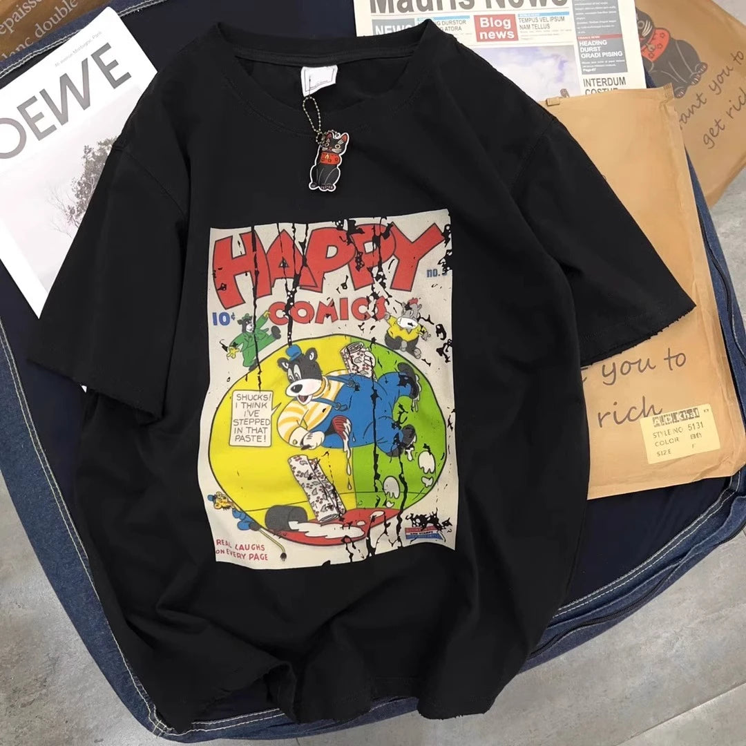 Retro Japanese Cartoon Print Loose ort Sve T-irt Women's Summer Korean Sle Chic Hong Kong Sle Student f Sve Top