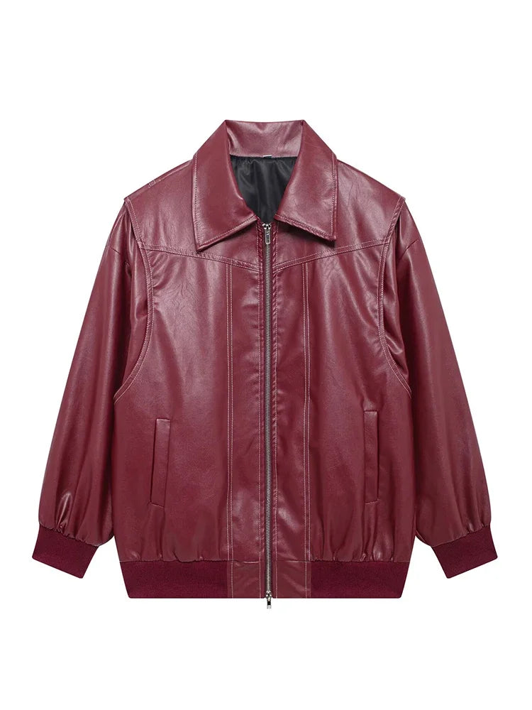 Women's Artificial Leather Short Jacket Retro Red Linen Coat Spliced Zipper Jacket Autumn Women's Lapel Pocket Street Sportswear