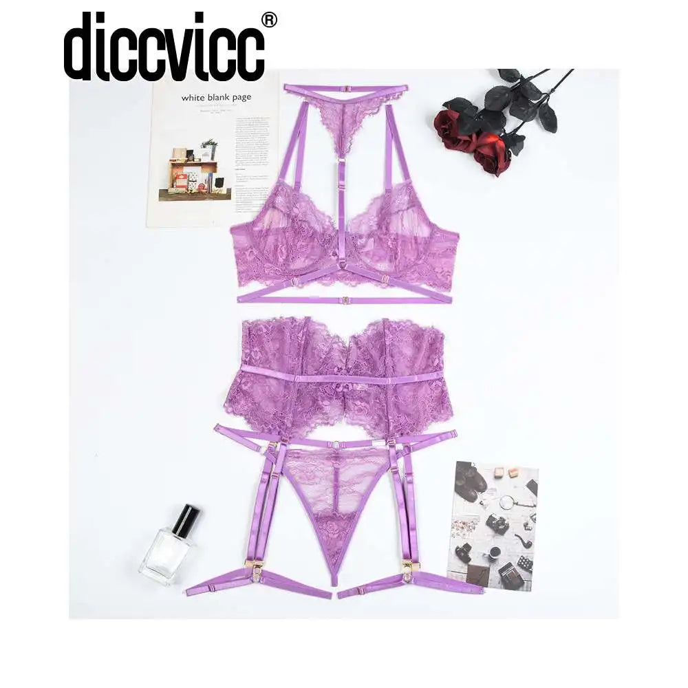 Diccvicc Beautiful Lingerie Eyelash Elegant Transparent Lace Bra Panty Set Floral Embroidery Women Sexy Underwear Exotic Outfit