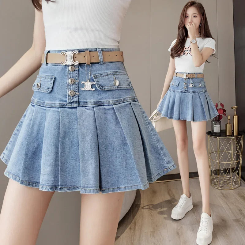 High-Waisted Denim Skirt Women's Slimming Mini Dress 2024 Spring Summer European Style Half Skirt Age-Reducing Fashionable Pleat