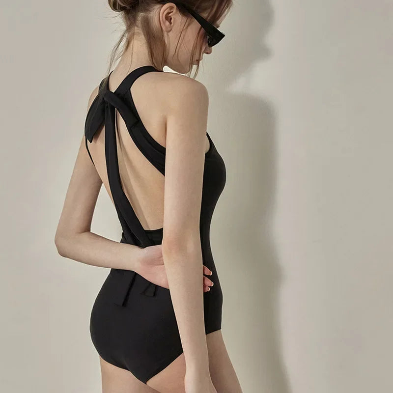 Sexy Bikini One-Piece Backless Swimsuit Women's Triangle Pure Color Thermal Spa Holiday Fashion New Arrival Swimwear