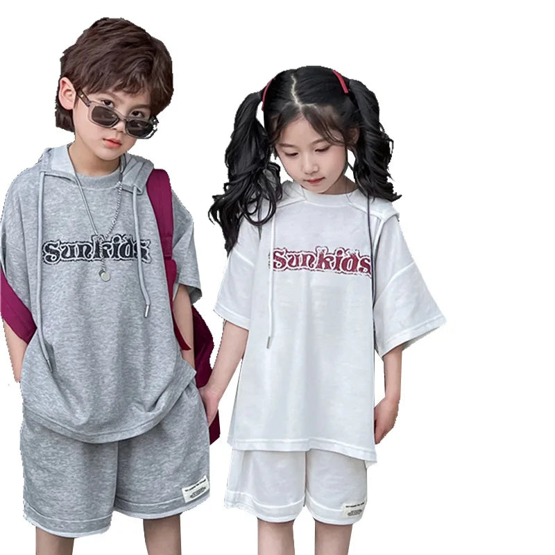 2025 Summer Hooded Children's Short Sleeve Set with Simple Trendy Boys and Girls' Baby Shorts Set with Stylish Style