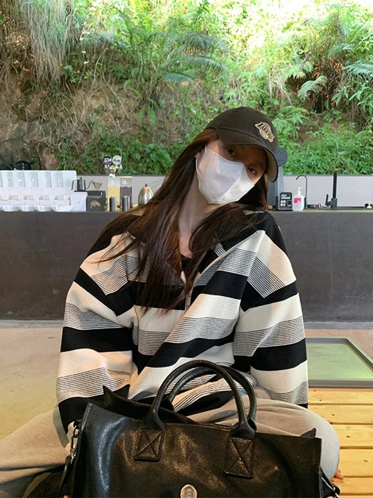 American Sle Oversize Loose Sweatirt High Collar f Zip Striped Men Women Spring Autumn Casual Outerwear Coat