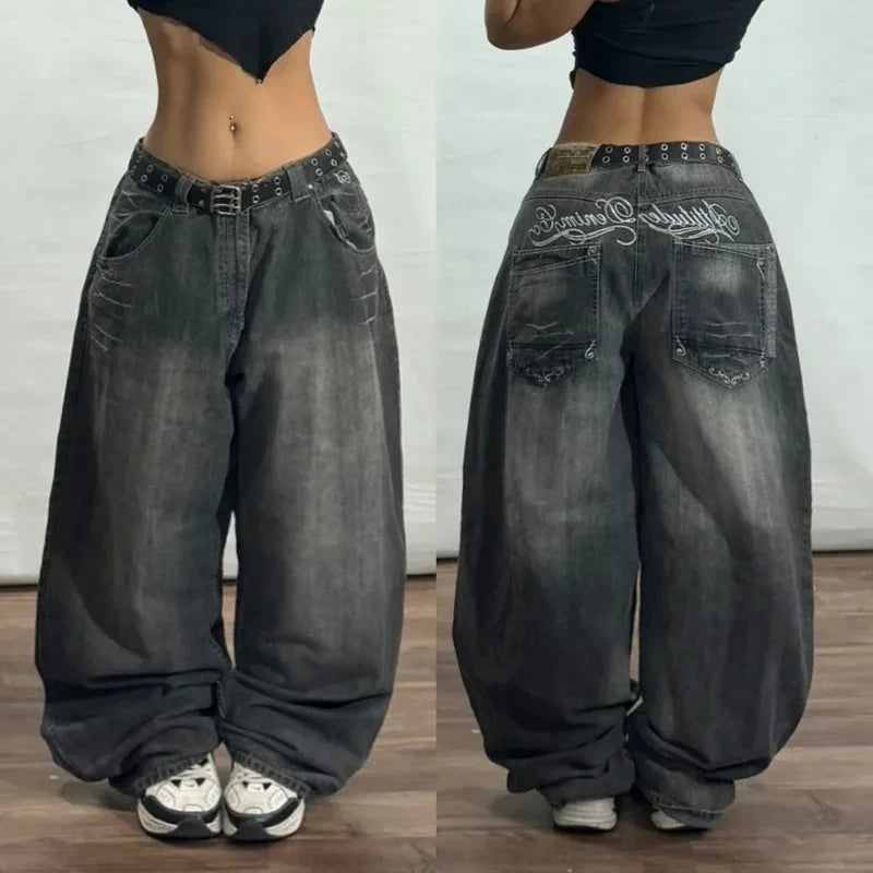 Harajuku Vintage Hip-hop Pop Letters Embroidered Washed Baggy Jeans Ladies Y2K Gothic Fashion Casual High Waist Wide Leg Pants