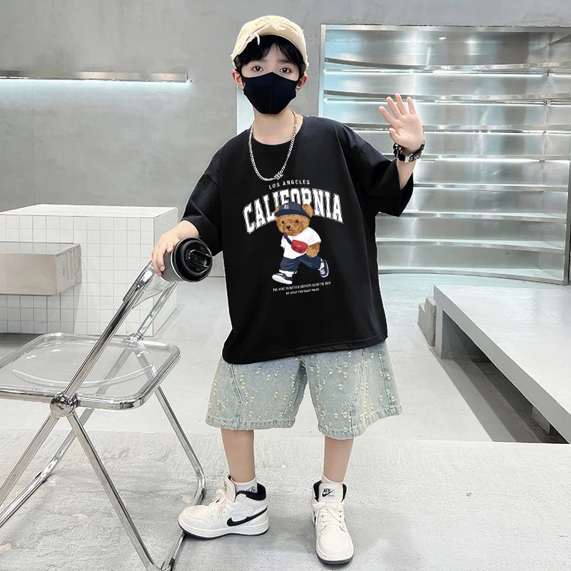 Boys Trendy Bear Print Graphic T Shirts Korean Children's Clothes 2025 Girls Cotton Short Sleeve Tops Tees Kids Clothes Summer
