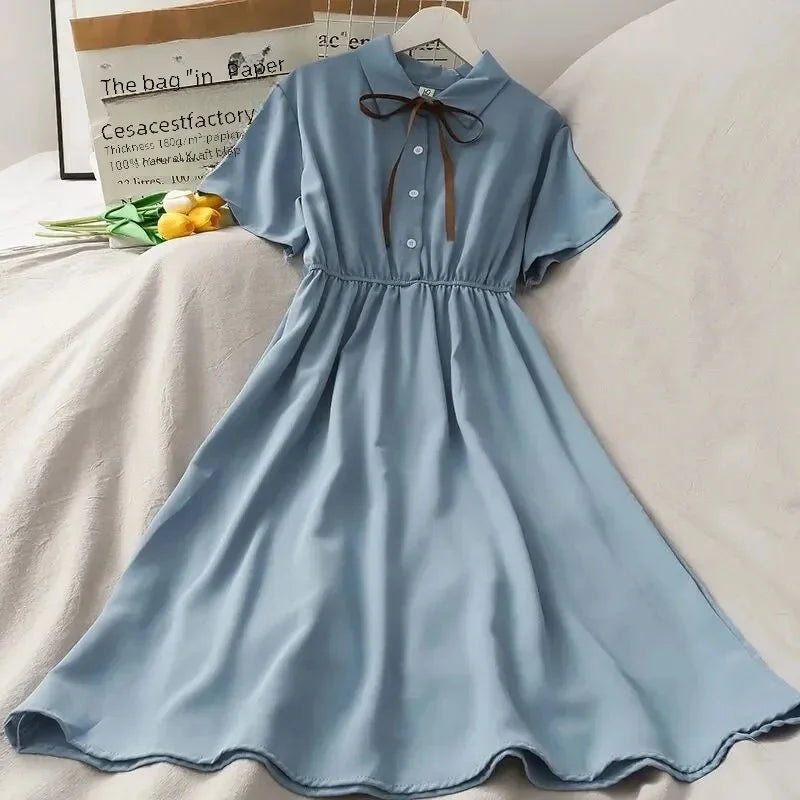Girls Summer Academy Style Dress Small Children Super Girl Middle Primary School Students Dress Pure Color Polyester Fabric