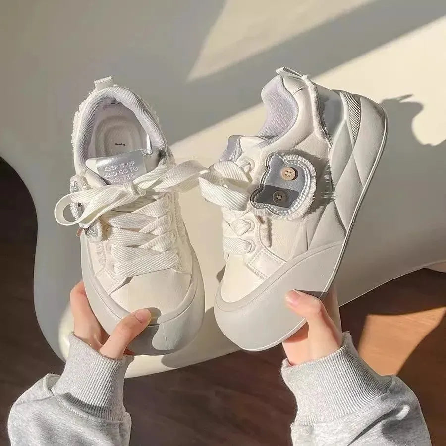 Spring Women's Dopaamine Board Shoes Versatile Thick Bottom Bread Style Casual Chic Sneakers Rubber Outsole Anti-Slip Synthetic