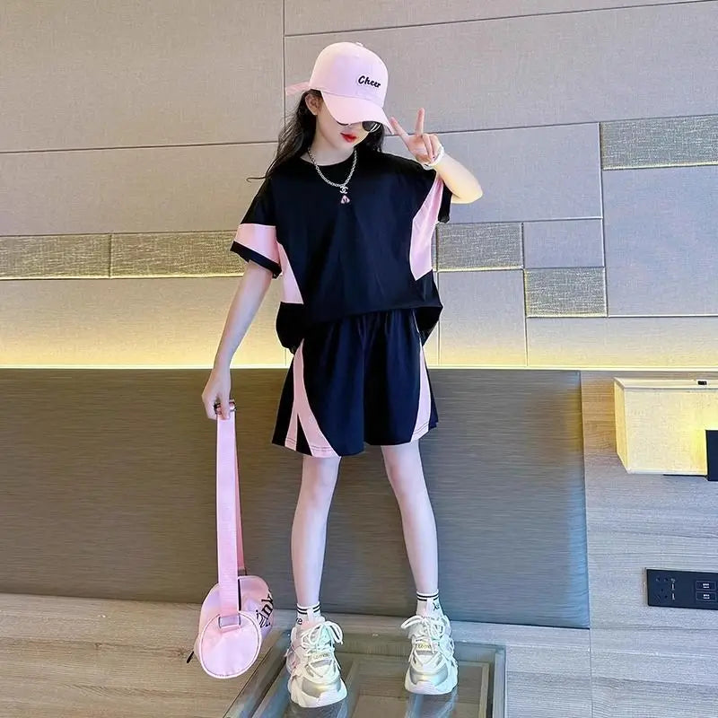 2025 New Girls Fashion Breathable Mesh Contrast Color Patchwork Tees+Pants 2pcs Sportsuits 7-14 Years Teenage Kids Clothes Sets