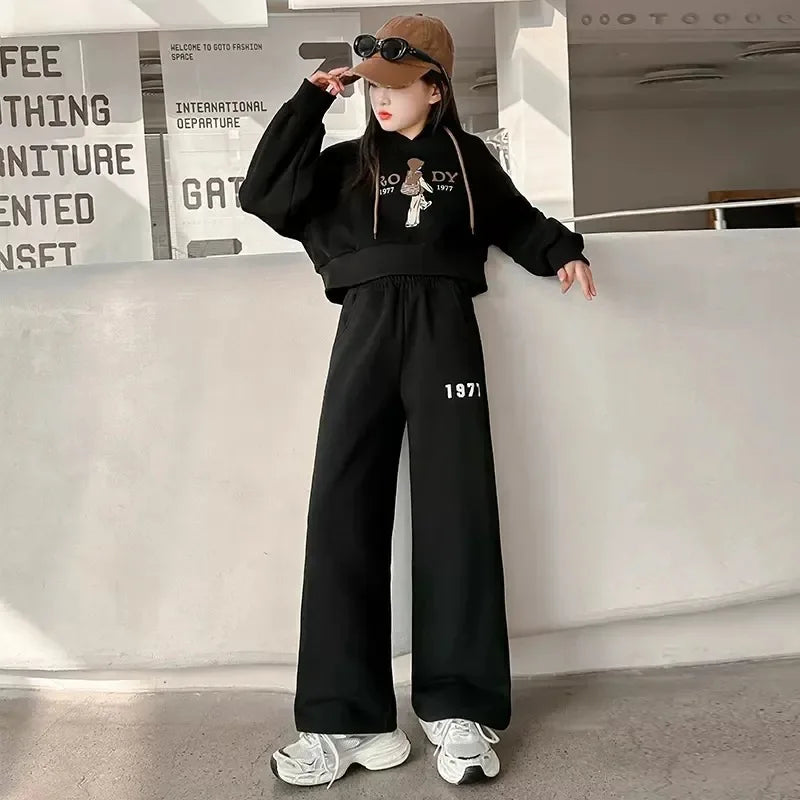 Spring Autumn Girls Clothing Set Cartoon Embroidered Pattern Hoodies Sweatshirt+ Pants 2Pcs Outfit Suit For 8-13 Years Kids