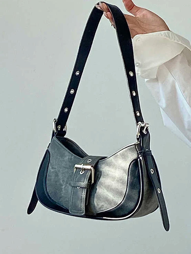 Retro Black Grey Underarm Bag for Women French Versatile Cool Girls Moto One Shoulder Bags Temperament Commuter Handbags Trend