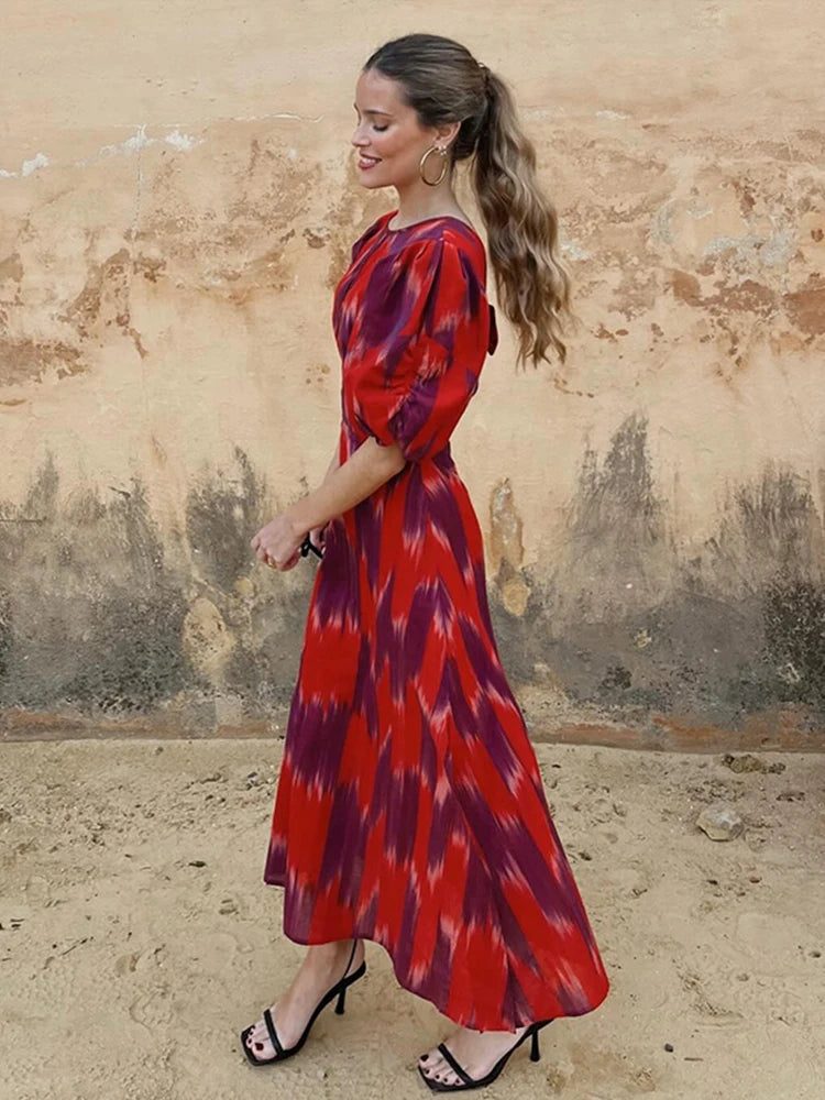 Fashion Backless Midi Dress For Women Summer Chic Print Short Puff Sleeves Split Long Dresses Female Holiday Beach Party Robe