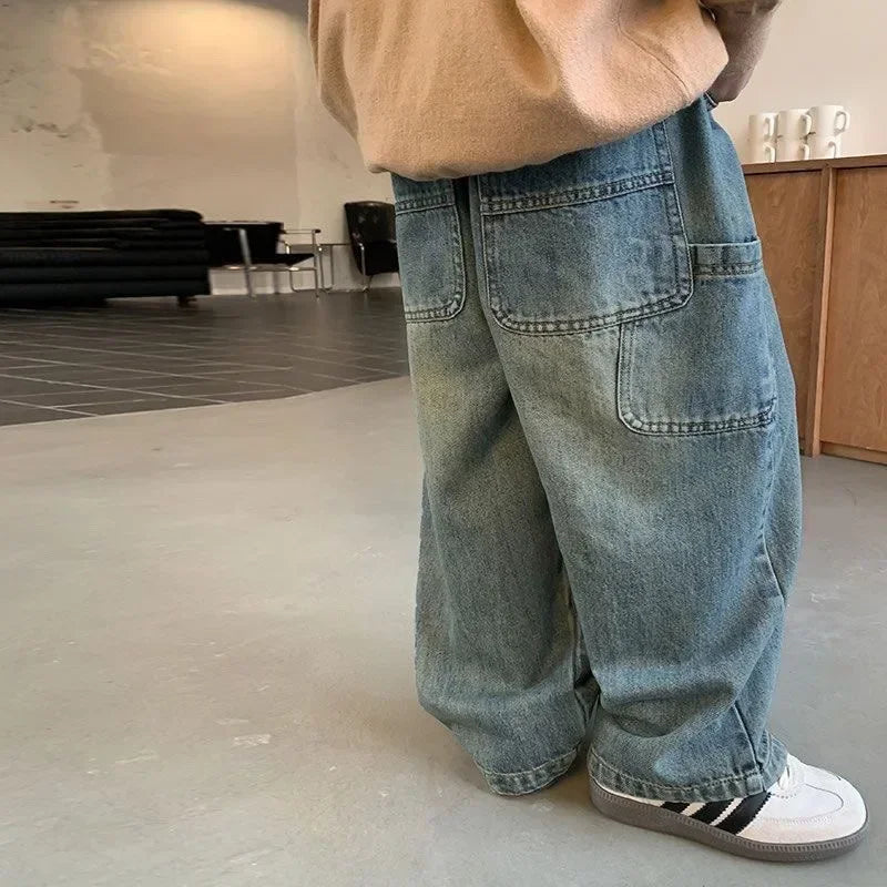 Children's Retro Jeans Loose Straight Pants Wide Leg Pants for Boys and Girls 2025 New Spring Autumn Kid's Denim Pocket Trousers