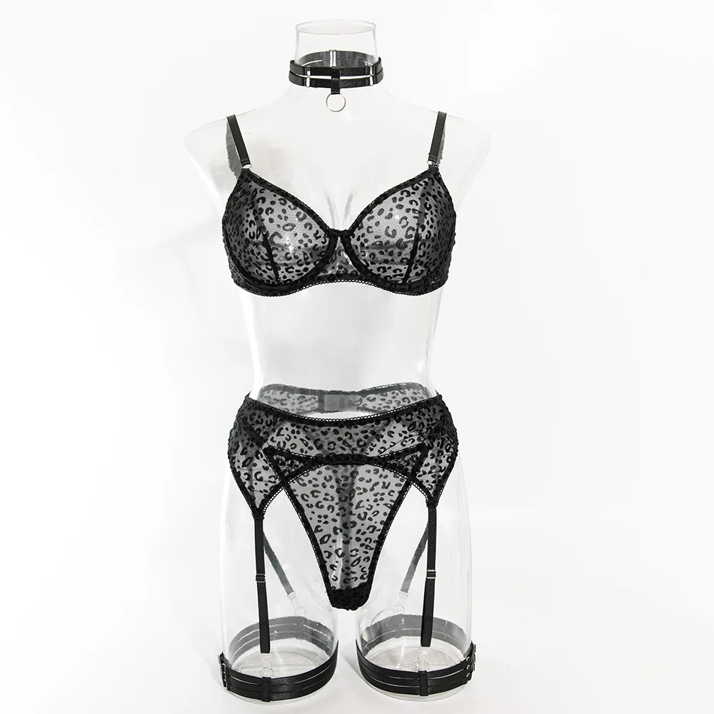 Yimunancy Leopard Flocking Bra Set Women Choker Transparent Bra + Brief Underwear Set 5-Piece Erotic Lingerie Garter Intimates