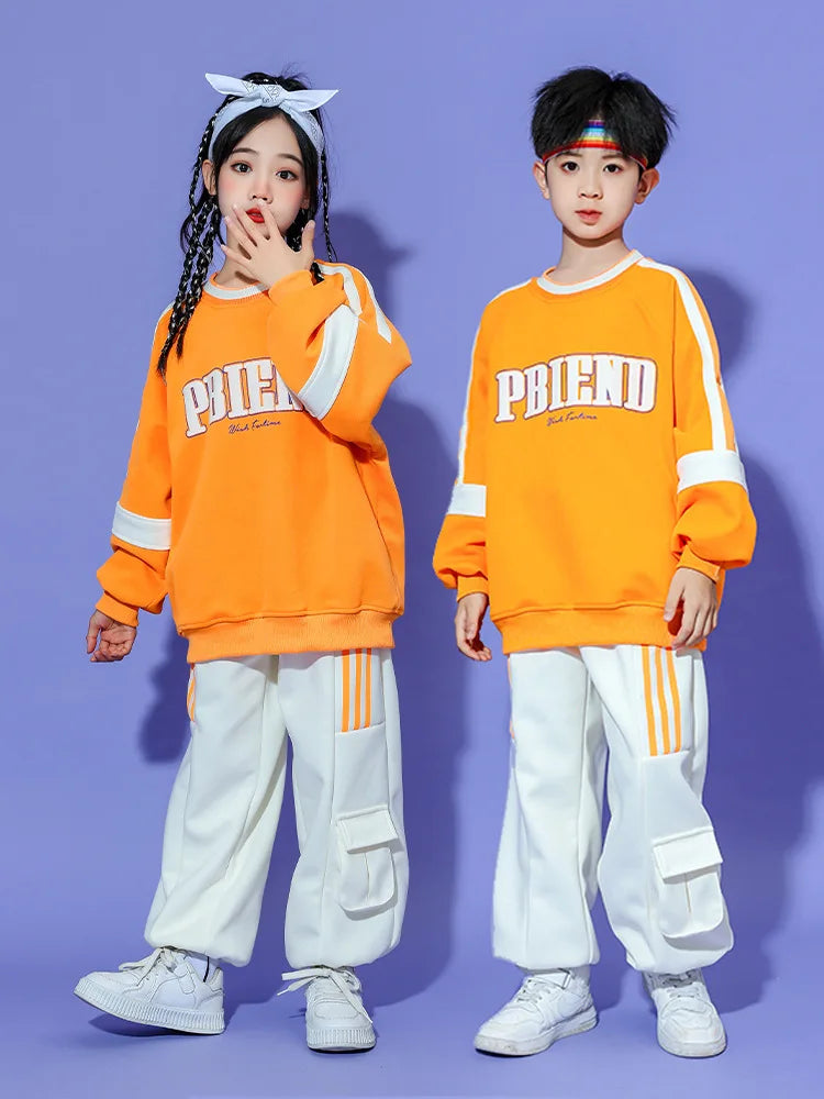 Fashion Kids Hip Hop Dancing Costumes 4 Girls Boys Ballroom Jazz Dance Clothes Party Wear Stage Outfits Orange White Shirt Pants