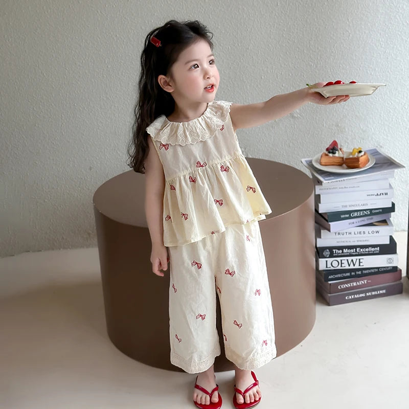 Girls Summer Embroidered Bow Two-piece set Baby Lace Collar Sleeveless Top Pants Sets Kids Clothes Set