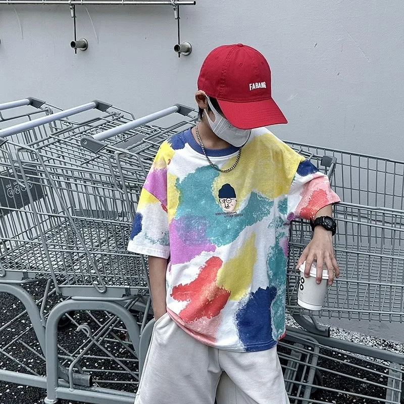 All Over Graffiti Print T-shirts for Boy Korean Children's Clothes 2025 Summer Casual Crew Neck Short Sleeve Top Streetwear Tees
