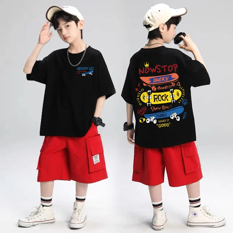 Skateboard Pattern Design Children's Tops Summer Boys Girls Short Sleeve T-shirts Cotton Korean Kids Clothes 2025 7-13Y 4-6Y