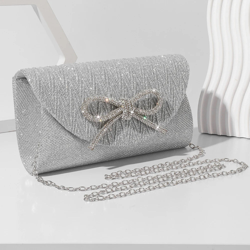 Women Elegant Evening Handbag Shiny Crystal Bow Flap Clutch Purse Envelope Dinner Evening Clutch Bags Wedding Party Prom Purse