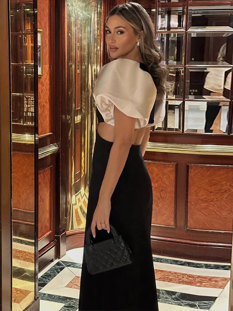 Fashion Puff Sleeve Maxi Dress For Women Sexy Hollow Out Waist Vacation Party Beach Dresses Female 2025 Elegant Lady Chic Robe