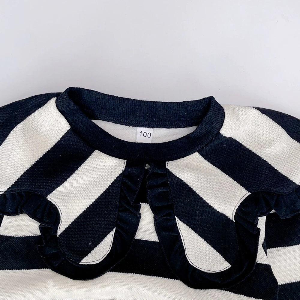 Girls' Long Sleeve Set Autumn and Winter New Girls' Large Lapel Pleated Stripe Top+Bell-bottoms Two Piece Girls' Set