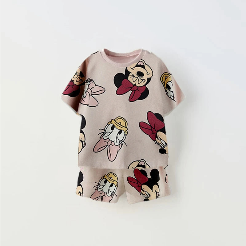 Cartoon Print Tshirt+Shorts Two Piece Set For Kids New Fashion Costume Boys And Girls Donald Duck Full Print Short Sleeve Shorts