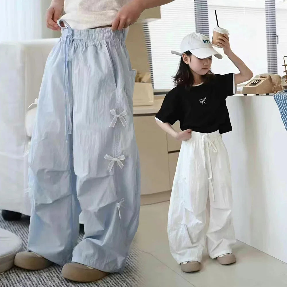 Girls Mosquito-Resistant Pants Summer New Style Dopaamine Color Butterfly Knot Lightweight Paratrooper Pants Thin Long Trousers