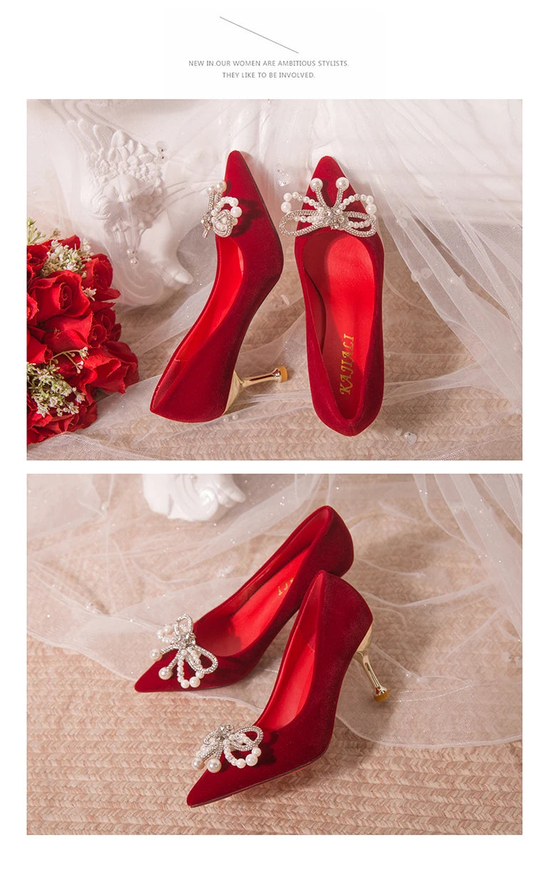 Wedding shoes bride shoes women new pearl thick heel shallow mouth pointed Xiuhe main wedding dress not tired foot single shoes