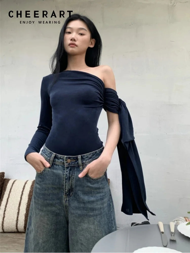 CHEERART Off The Shoulder Designer Top For Women 2024 Long Sleeve T Shirt Fashion Tees Kintted Top Fall Clothes