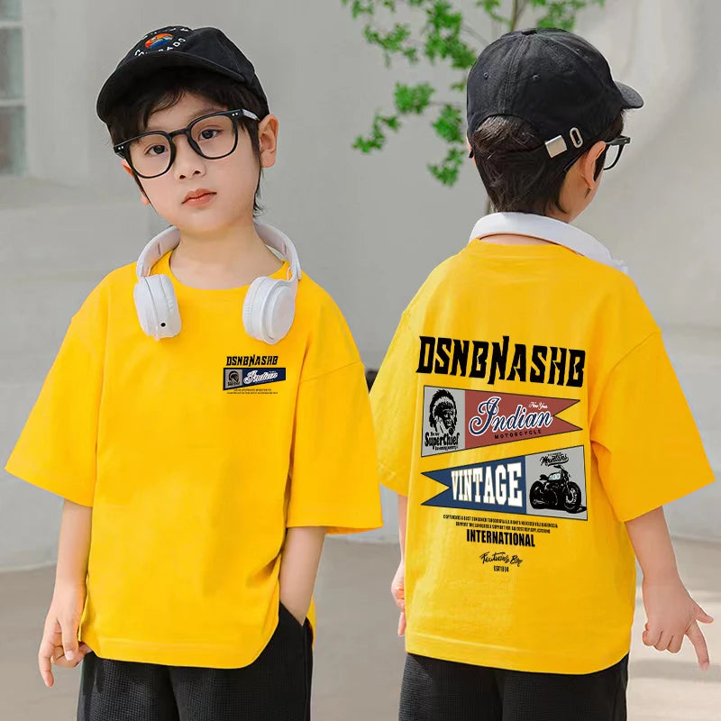 American Vintage Boys Short Sleeve Shirts Summer Boys Tees Casual 100%Cotton Children Tops Kids Clothes Printed Graphic T-shirt