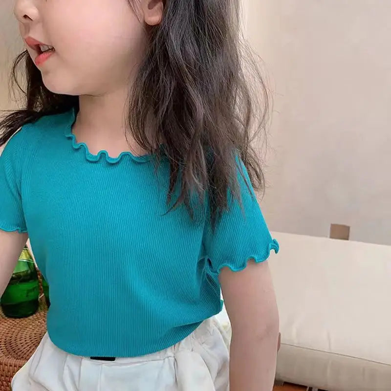 Girls Casual Ice Silk Short Sleeved T-shirt Summer Children Ear Edge Top 2-10 Years Old Girl Versatile Half Sleeved Clothes