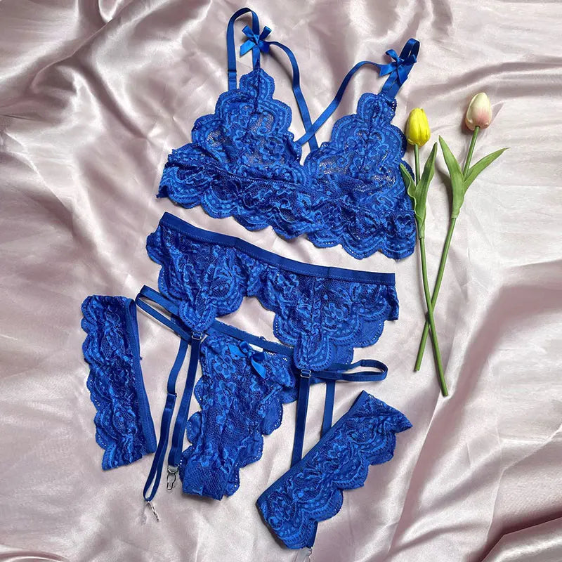 Fancy Erotic 3 Piece Luxury Underwear Erotic Lingerie Women Bra And Panty Garter Set Transparent Lace Bra Exotic Sets Sexy Kit
