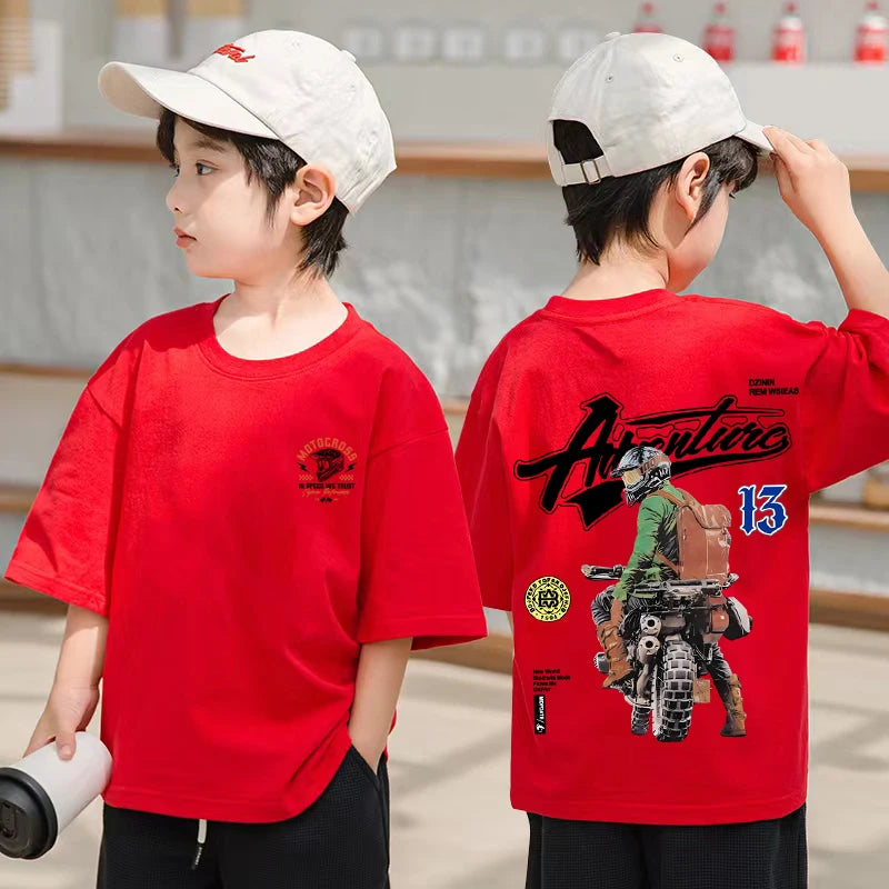 Korean Children's Clothes 2025 Boys Motorcycle Graphic T-Shirt Summer Short Sleeve 100% Cotton Loose Children Top Kids Clothes