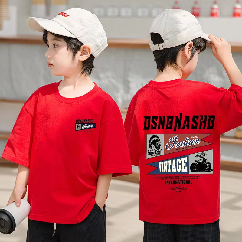 American Vintage Boys Short Sleeve Shirts Summer Boys Tees Casual 100%Cotton Children Tops Kids Clothes Printed Graphic T-shirt