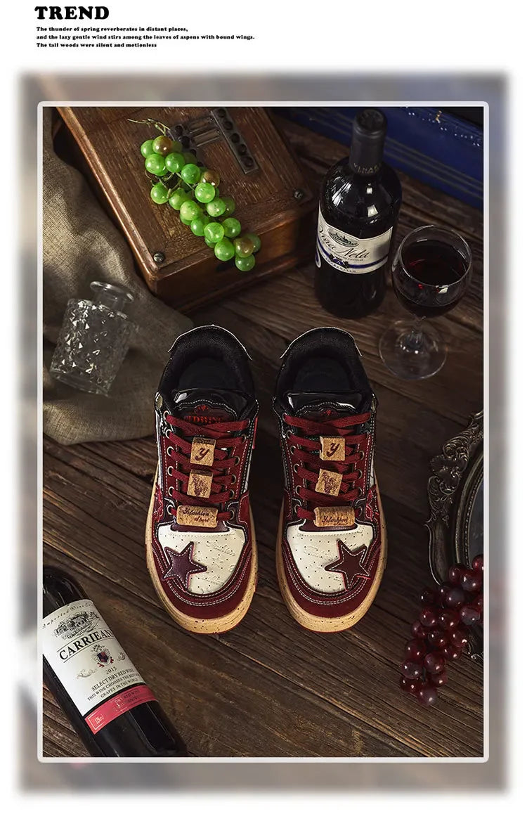 Trendy Red Wine Star Shoes 2024 Spring New Men's Casual Shoes Versatile Vintage Couple Shoes Male Genuine Leather Footwear