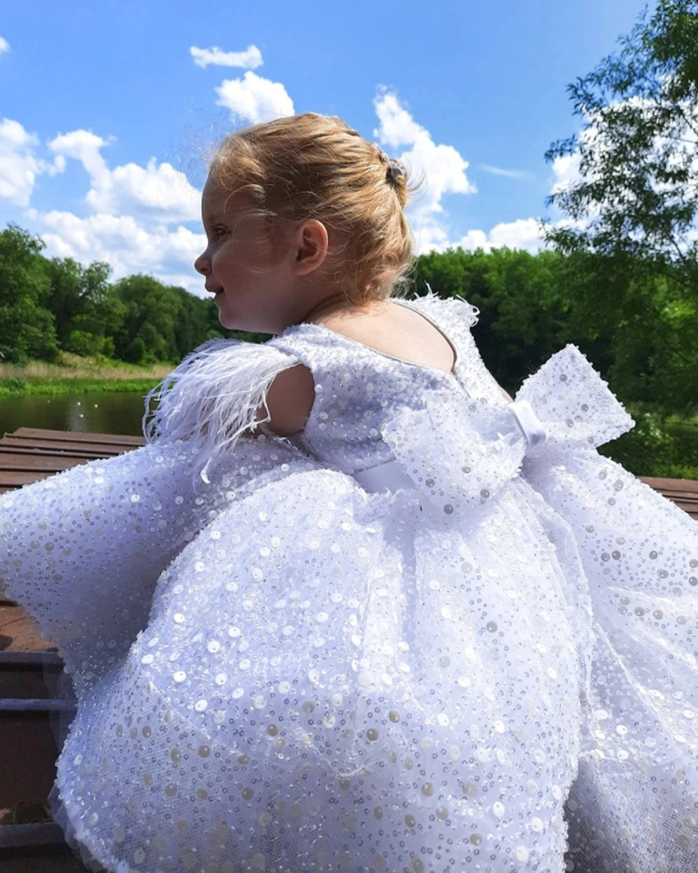 White Tulle Girl Dress Sequined Bows 3-9 Years Children's First Communion Ball Gown Wedding Party Bridesmaid Dress Kids Princess