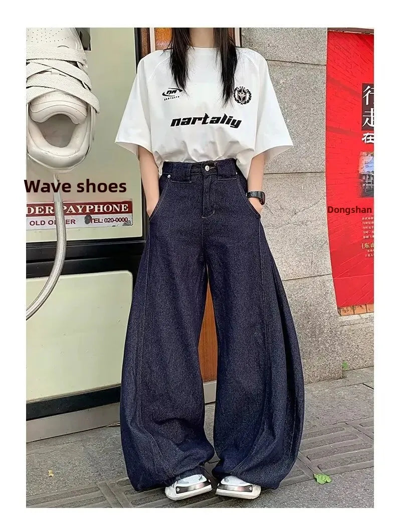 Men's Summer High Waist Straight Leg Jeans Slimming Loose Wide Leg Pants Retro Knife Edge Design Casual Fashion