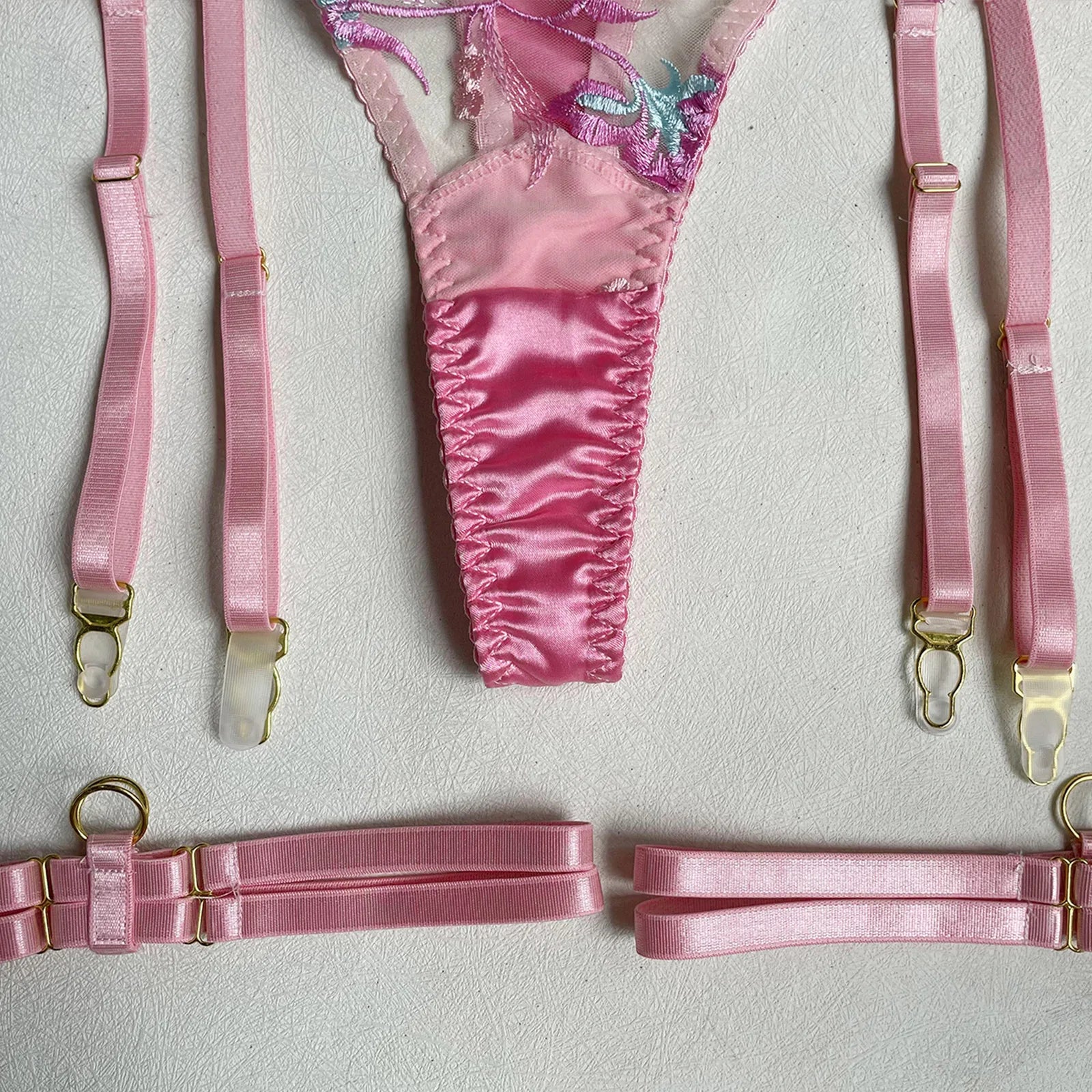 Sexy Lingerie Set Women Ruffle Embroidery Push Up Bra Sheer Thongs Garter Belt 4-Piece Erotic Underwear Transparent Outfits