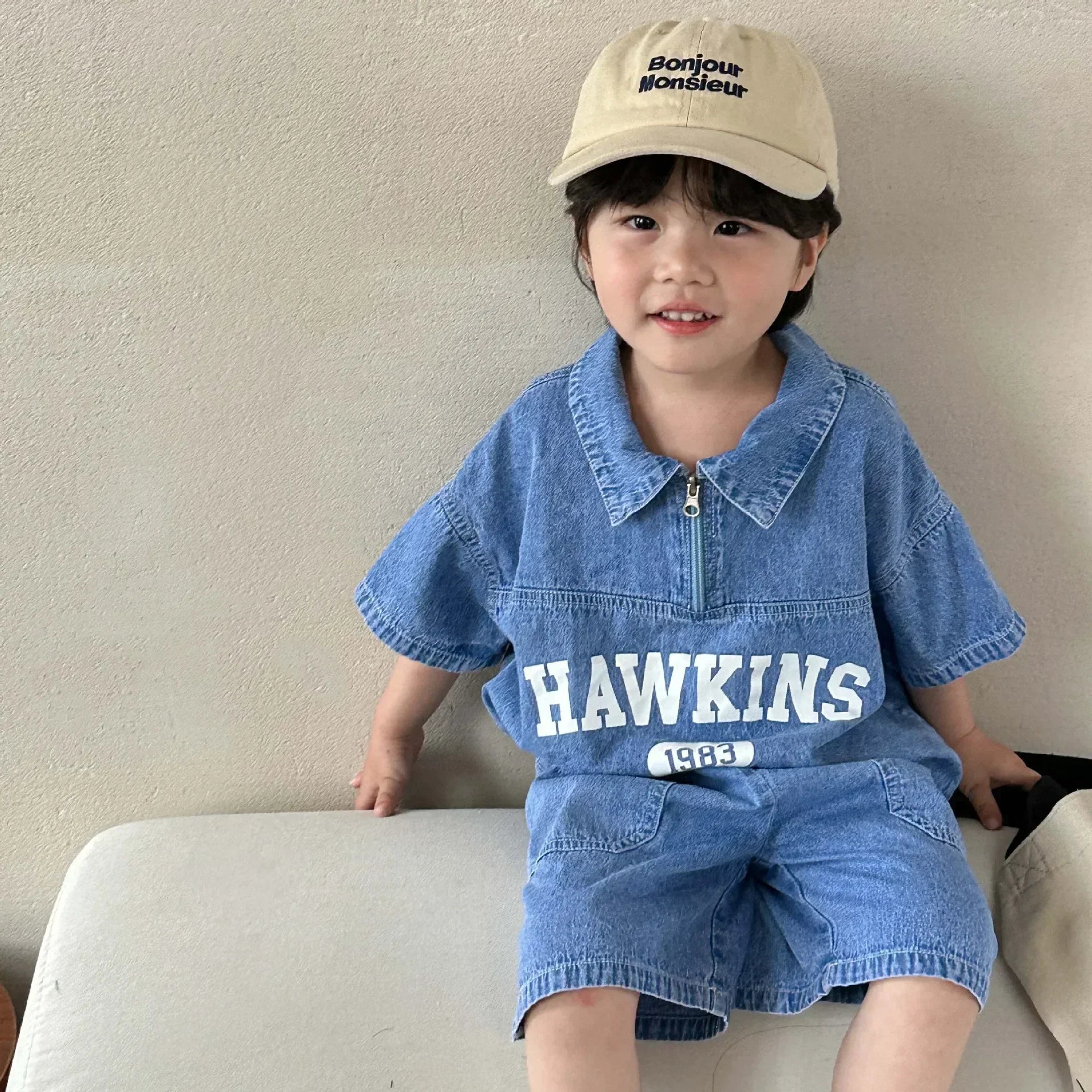 5816C  Children's Clothing Set Denim Suit 2023 Summer Casual Boy's Denim Suit Letter Print Top+ Shorts