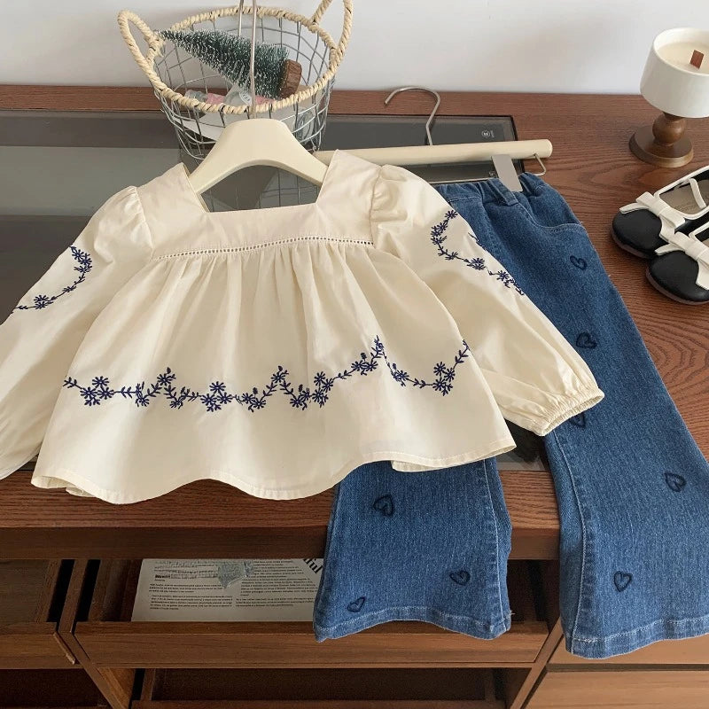 2025 Spring Girls Fashion Clothes Set 2-7 Y Children's Embroidered Square Collar Blouse and Heart Jeans 2Pcs Suit Kids Outfit